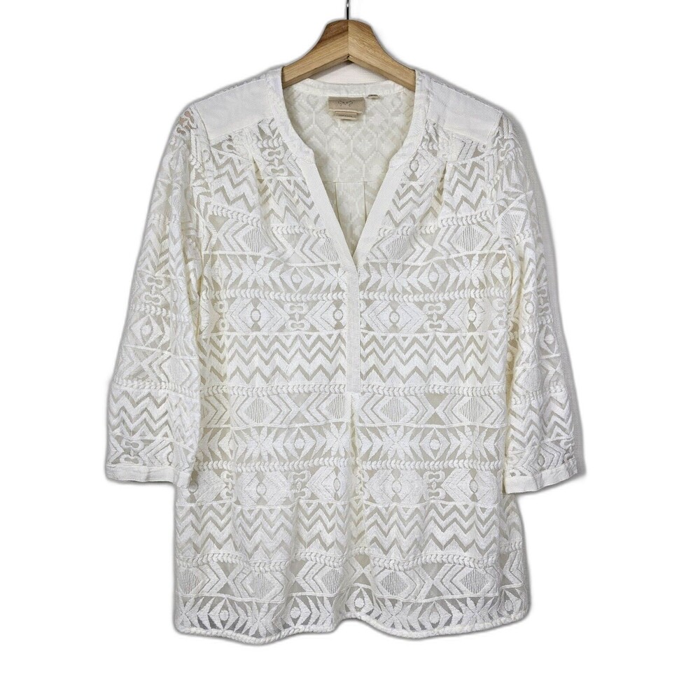 Anthropologie White Lace Embroidered Open-Front Blouse